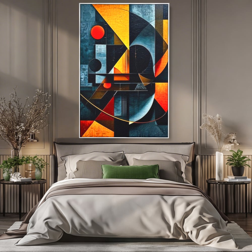 Tablou canvas cu pictura abstracta cu forme geometrice, in rama de aluminiu argintiu, pe perete intr-un dormitor